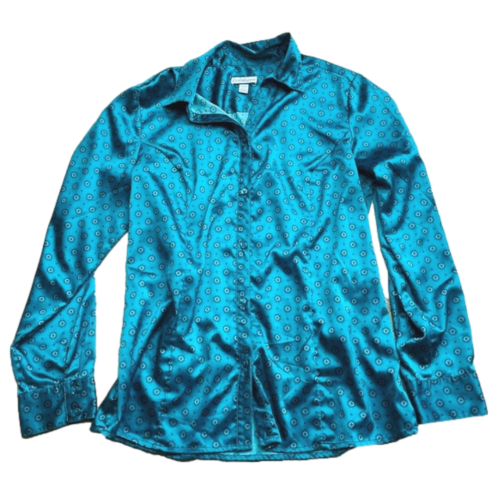 Croft & Barrow Green Printed Shiny Button Down Dress Shirt Top